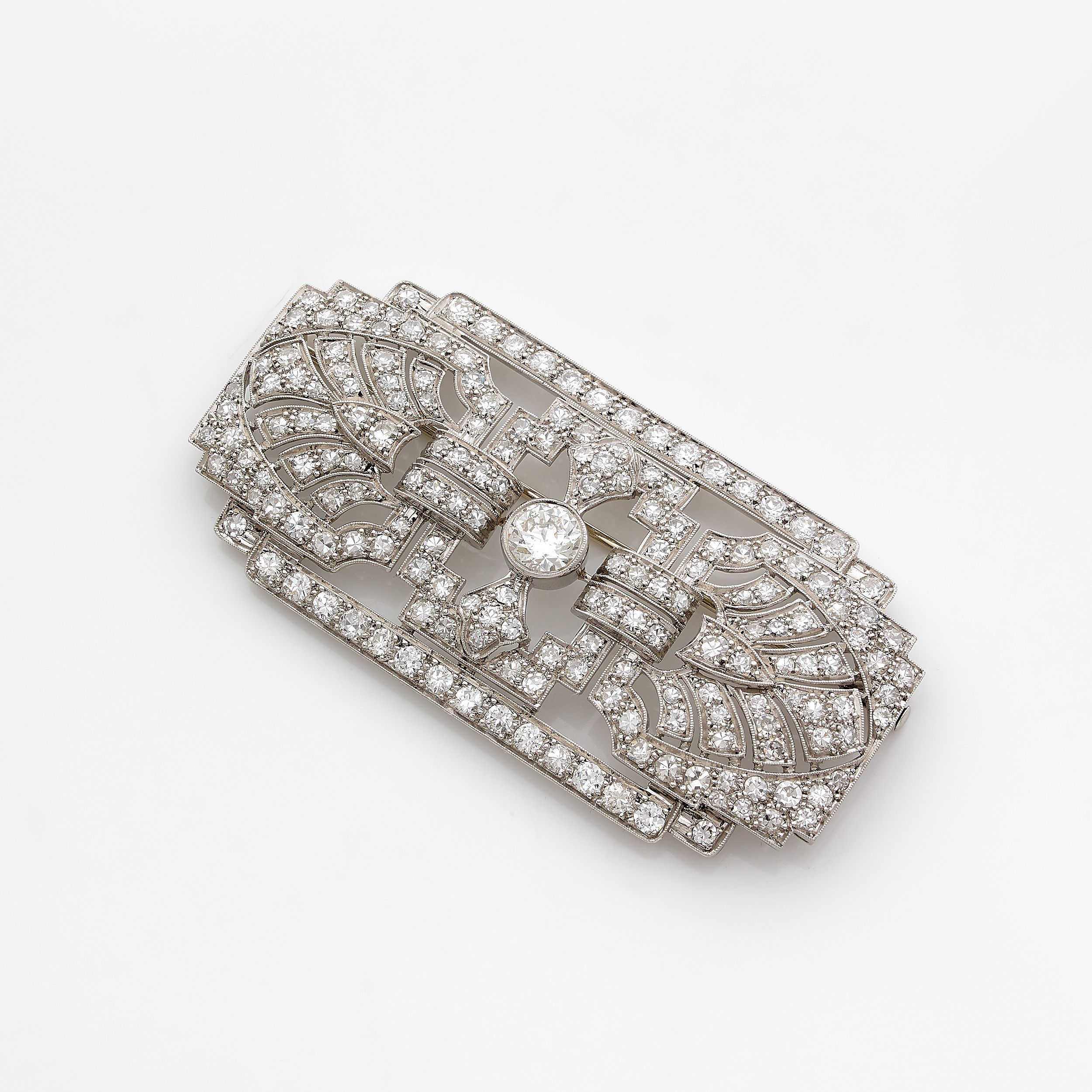 Grande Broche Art Déco Argentée – 33 Cm – Strass Roses Et Clairs – Bijou Vintage